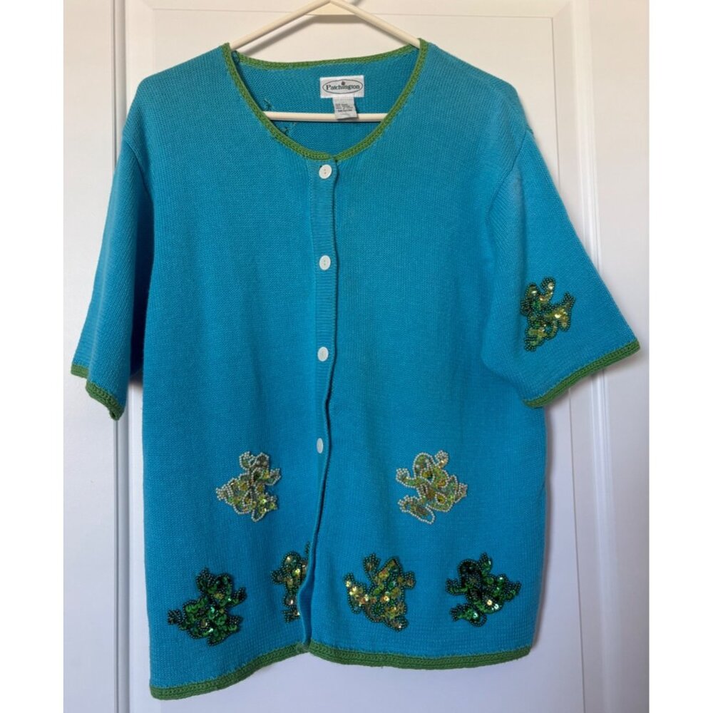 Patchington Women's Medium Short Sleeved Blue Sweater Boxy Cardigan Beaded Sequi